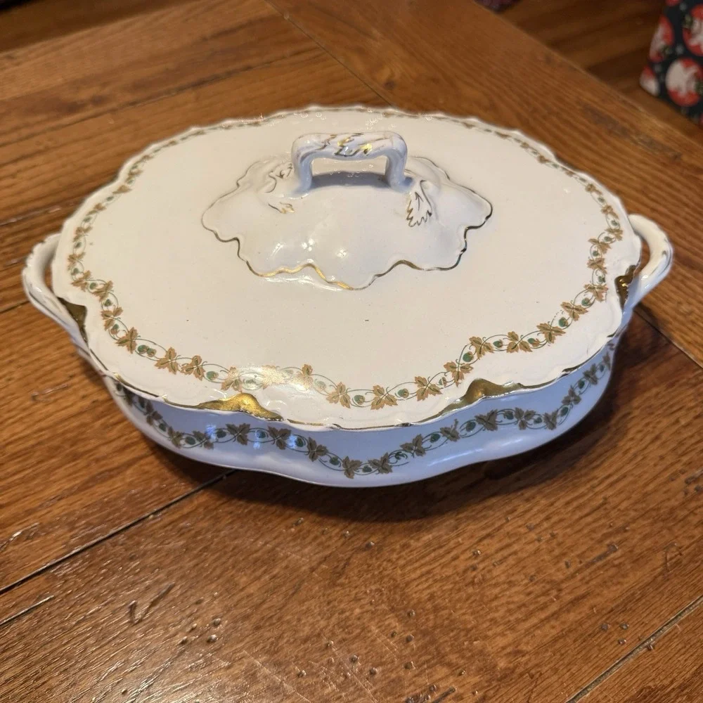 Vintage J&G Meakin Hanley England Covered Serving Dish With Gold Gilt & Floral D
